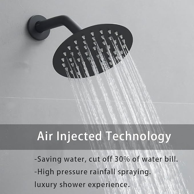 Shower Faucet Set Matte Black 10 Inch Round Ceiling Mount Rainfall Shower System with 2 Rain Shower Head and Handheld Head Push Button Diverter Shower Trim Kit and Rough-in Valve Body