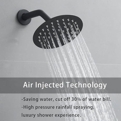 Shower Faucet Set Matte Black 10 Inch Round Ceiling Mount Rainfall Shower System with 2 Rain Shower Head and Handheld Head Push Button Diverter Shower Trim Kit and Rough-in Valve Body