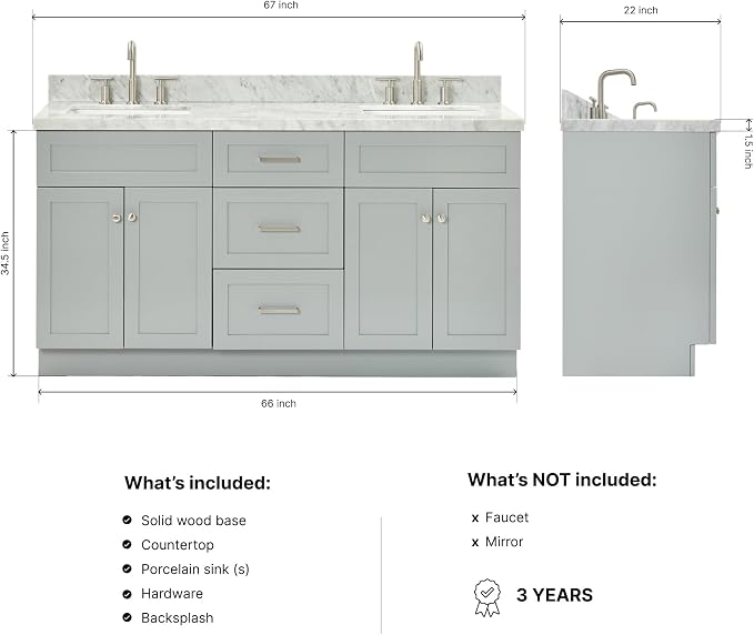 Bradford 66" Grey Double Bathroom Vanity with Sink, 1.5" Edge Italian Carrara Marble Countertop, Rectangular Undermount Sinks, 2 Soft Closing Doors, 3 Dovetail Drawers, Brushed Nickel