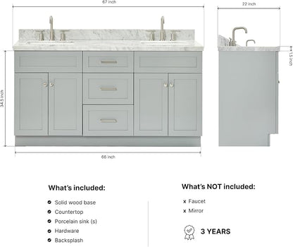 Bradford 66" Grey Double Bathroom Vanity with Sink, 1.5" Edge Italian Carrara Marble Countertop, Rectangular Undermount Sinks, 2 Soft Closing Doors, 3 Dovetail Drawers, Brushed Nickel