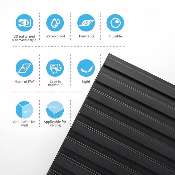 Art3d 3D Fluted Textured Slat Wall Panels, 19.7 x 19.7 in, 12-Pack, Black | PVC, Waterproof, Scratch Proof, Wipeable, Break-Proof, Ideal for Home, Office and Commercial Spaces