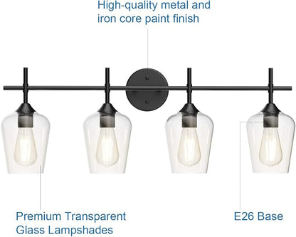 Ralbay Vintage Bathroom Vanity Lighting Fixtures 4-Lights Industrial Matte Black Finish with Clear Glass Vanity Lights Farmhouse Bathroom Vanity Lights Wall Sconce