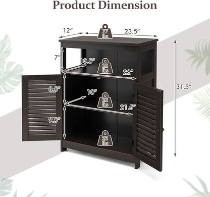 COSTWAY Bathroom Storage Cabinet, Wooden Side Storage Organizer with Louver Doors & Removable Shelf, Freestanding Floor Cabinet for Living Room, Kitchen, Entryway (Brown)
