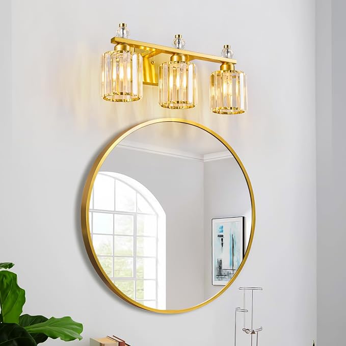 Bathroom Vanity Lights 3-Light Gold Modern Crystal Vanity Light Fixtures Over Mirror Crystal Bathroom Vanity Lighting Fixtures