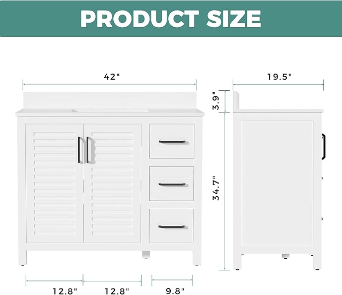 42" White Single Sink Bathroom Vanity with Top and Sink, Freestanding Modern Bath Storage Cabinet with Quartz Countertop, 3 Drawers, Soft Closing Louvered Doors, Pre-Assembled