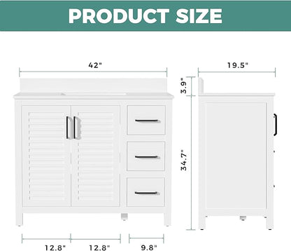 42" White Single Sink Bathroom Vanity with Top and Sink, Freestanding Modern Bath Storage Cabinet with Quartz Countertop, 3 Drawers, Soft Closing Louvered Doors, Pre-Assembled