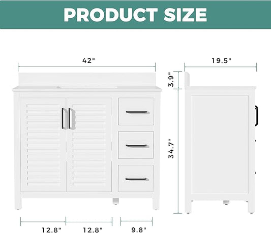 42" White Single Sink Bathroom Vanity with Top and Sink, Freestanding Modern Bath Storage Cabinet with Quartz Countertop, 3 Drawers, Soft Closing Louvered Doors, Pre-Assembled