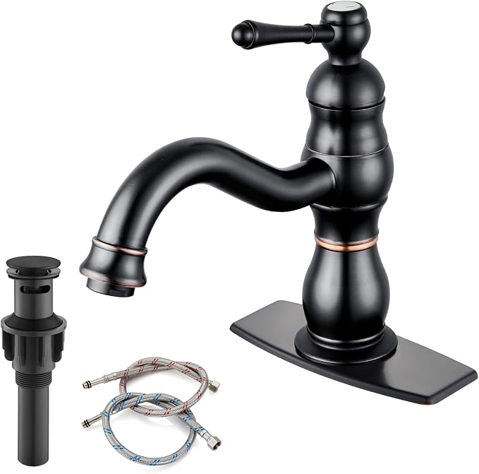 gotonovo Bathroom Faucet 1 Hole Vintage,Oil Rubbed Bronze,7.1” Spout Reach | Bathroom Sink Faucet for 1 or 3 Hole Single Handle,Deck Plate,360° Swivel Spout,Pop Up Drain,cUPC Supply Hoses,for Vanity RV
