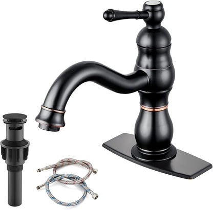 gotonovo Bathroom Faucet 1 Hole Vintage,Oil Rubbed Bronze,7.1” Spout Reach | Bathroom Sink Faucet for 1 or 3 Hole Single Handle,Deck Plate,360° Swivel Spout,Pop Up Drain,cUPC Supply Hoses,for Vanity RV
