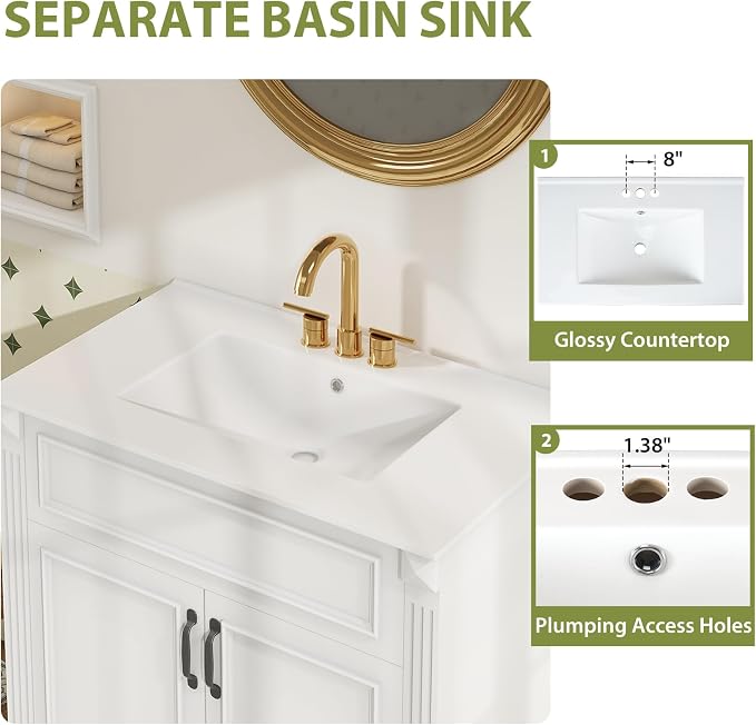 Sweetcrispy 30" Bathroom Vanity with Sink, Bathroom Storage Vanity Sink with 2 Doors, Farmhouse Wooden Free Standing Bathroom Cabinet with Sink, Easy Assembly, NO Mirror Faucet, Ivory & White