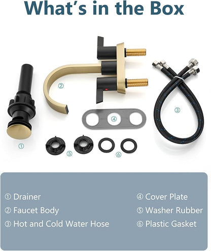 Aolemi Bathroom Faucets for Sink 3 Hole,4 Inch Centerset Waterfall Faucet 2 Handle for Bathroom Sink with Pop-Up Drain and Supply Lines Brushed Gold and Matte Black