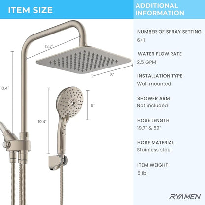 Dual Shower Head Combo, 8'' High Pressure Rain Shower Head with Handheld Spray, 6+1 Spray Settings Handheld Showerhead, Height Adjustable, One-touch Pause Button, Brushed Nickel