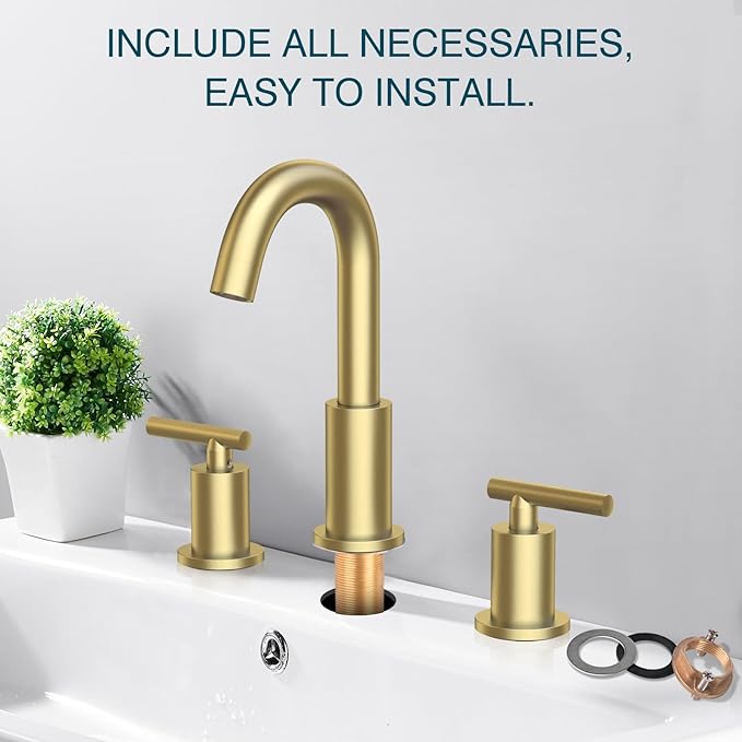 TRUSTMI Bathroom Faucet 3 Hole Brushed Gold - 8 Inch Widespread Brass Bathroom Vanity Sink Faucets in Gold with Swivel Spout, Include Overflow Drain and cUPC Supply Lines