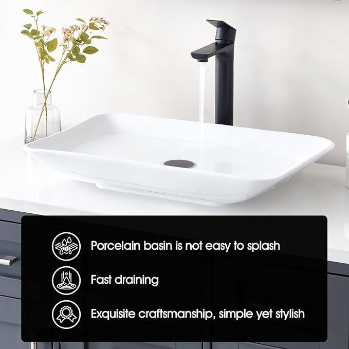 24*15 Inch Glossy White Modern Art Countertop Bathroom Vessel Sink, Decorative-Functional Ceramics Rectangle Vessel Sinks, Elegant Above Counter Large Washbasin Bowl for Bathroom Vanity, RVs