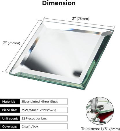 32 Pcs Mirror Peel and Stick Tile, Silver, 3x3 Inch, Beveled Mirror Square Kitchen Backsplash Bar Bathroom Wall Tile