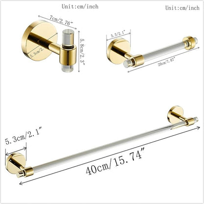 3 Pieces Bathroom Accessories Hardware Set Wall Mounted,Towel Rack 16 inches+Toilet Paper Holder+Hook,Acrylic and Brass,Gold Towel Bar Set SHUNLI