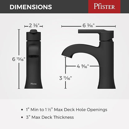 Pfister Vaneri Bathroom Sink Faucet, Single Control, 1-Handle, Single Hole, NSF Certified, Matte Black Finish, LF042VRIBB