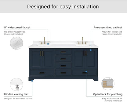 ARIEL Stafford 72-inch Bathroom Vanity with Sink,Solid Wood, 1.5-inch Pure White Quartz Countertop, Double Rectangular Porcelain Sink, 4 Soft Closing Doors, 6 Dovetail Drawers, Midnight Blue