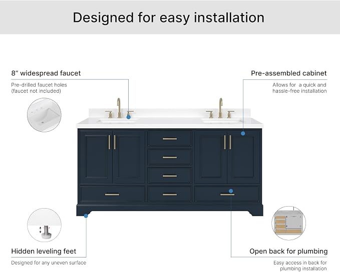 Langford 72-inch Midnight Blue Bathroom Vanity with Left & Right Rectangle Double Sinks, Pure White Quartz Countertop & Backsplash, Solid Wood Frame, Soft-Closing & Dovetail Drawers