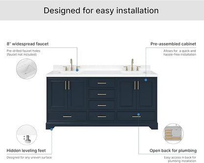 Langford 72-inch Midnight Blue Bathroom Vanity with Left & Right Rectangle Double Sinks, Pure White Quartz Countertop & Backsplash, Solid Wood Frame, Soft-Closing & Dovetail Drawers