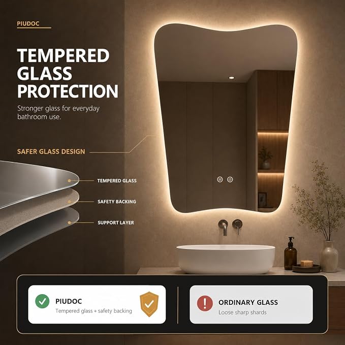 Irregular LED Bathroom Mirror, 24x36 Inch Asymmetrical Frameless Backlit Vanity Mirror with Anti-Fog, Dimmable 3-Color Lights, Tempered Glass, Touch Control, Vertical Wall Mounted