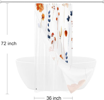 Small Stall 3 in 1 Shower Curtain Set, Orange Navy Watercolor Floral Bath Curtain and PEVA Liner Set with 12 Double Sided Steel Hooks, Waterproof Fabric Bathroom Curtain 36x72