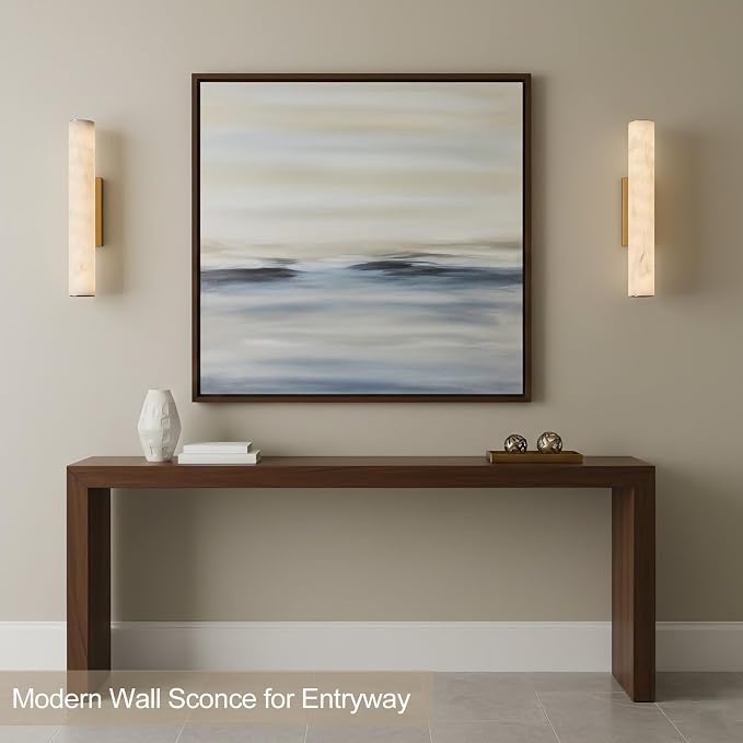 Alabaster Wall Sconce, 20in Linear Gold Brass Wall Sconces, Luxury Marble Look Bathroom Vanity Light, 3000K Dimmable Hardwired Wall Lamp for Living Room Bedroom Hallway, 1 Pack, Faux Alabaster