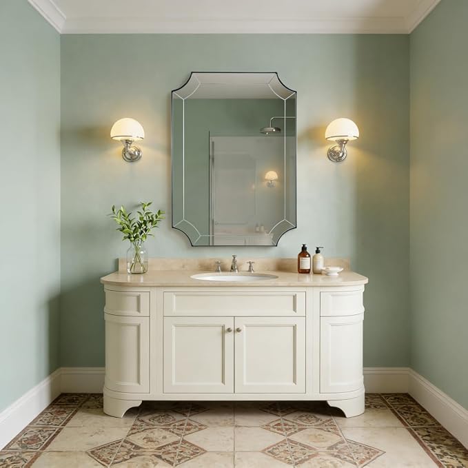 24"x36" Brushed Nickel Mirror, Scalloped Corner Wall Mirror with Segmented Glass, Silver Vanity Mirror in Anti-Rust Stainless Steel Metal Frame, Wall-Mounted Mirror (Horizontal/Vertical)