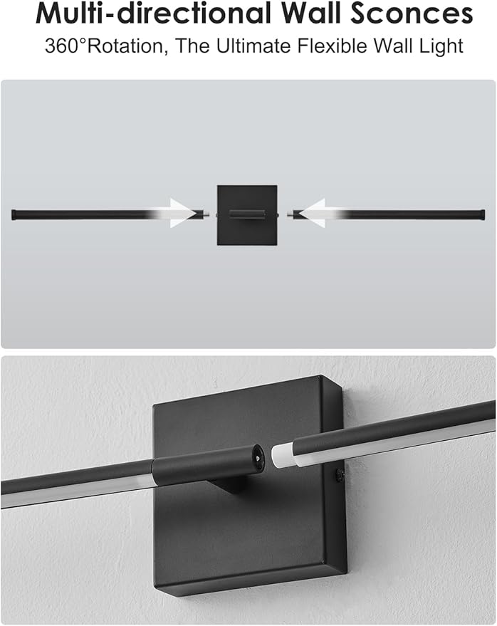 24.4 Inch Hardwired Wall Sconces Set of Two, 3000K Warm White Dimmable Modern Wall Sconces, 350° Rotate LED Light Fixtures Wall Lamp for Bathroom Living Room Bedroom Bedside, Black
