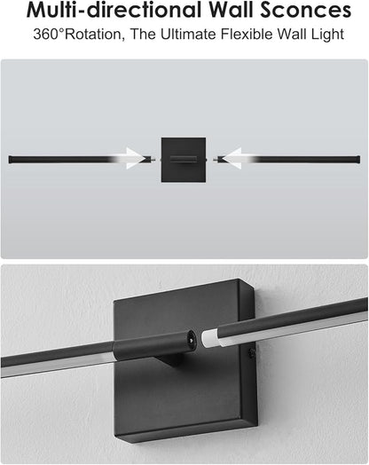 24.4 Inch Hardwired Wall Sconces Set of Two, 3000K Warm White Dimmable Modern Wall Sconces, 350° Rotate LED Light Fixtures Wall Lamp for Bathroom Living Room Bedroom Bedside, Black