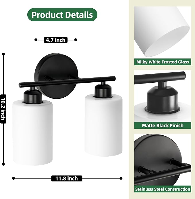 2-Light Bathroom Light Fixtures, Black Modern Vanity Lights with Milky White Frosted Glass Shades, Wall Sconce Light for Bedroom, Living Room and Hallway, 2-Pack