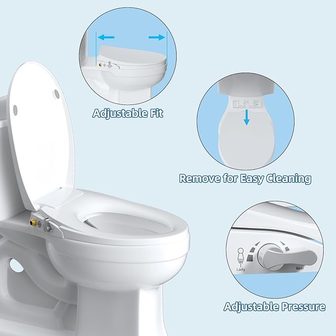 Hibbent Round Bidet Toilet Seat with Slow Close, Non-Electric Bidet Attachment for Toilet Seat with Dual Nozzle, Bidet Sprayer with Adjustable Self-Cleaning Nozzles, Brass T Adapter