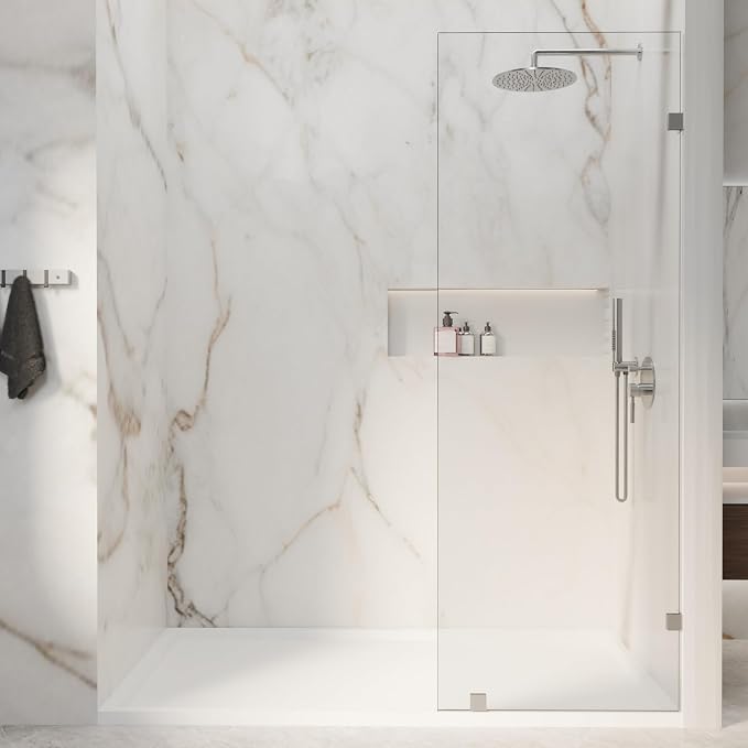 30" W x 72" H Fixed Single Shower Glass Panel, Chrome Finish | 3/8" 10mm Frameless for Walk in Shower with Clear Tempered Glass Explosion-Proof Film for Bathroom, Silver