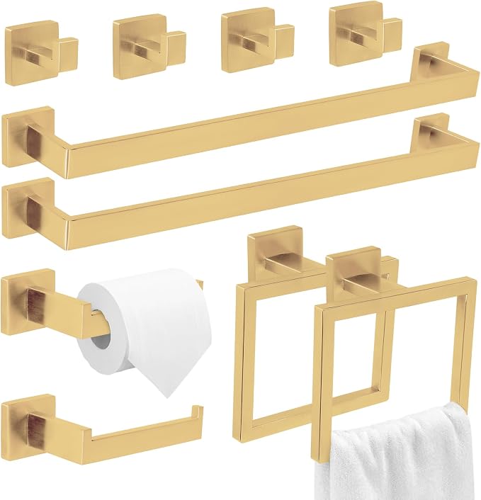 10 Pcs Gold Bathroom Hardware Accessories Set 23.6 Inch Wall Mounted | Bath Towel Bar Kit with Square Towel Racks Ring and Towel Hooks, Paper Holder, 304 Stainless Steel
