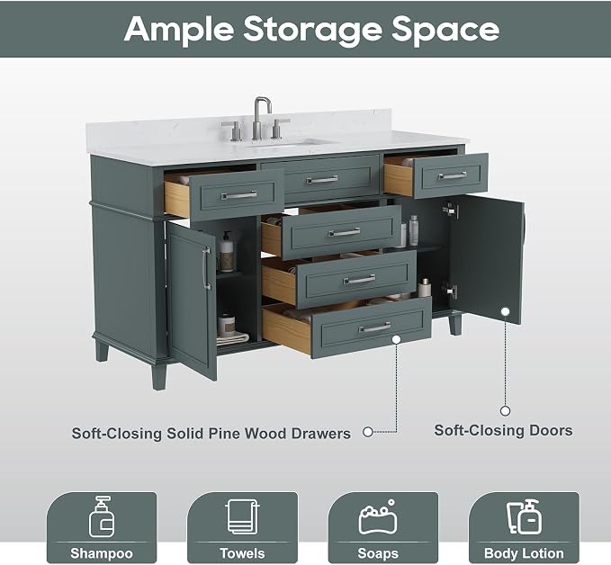 60 Inch Bathroom Vanity with Sink, Fully Assembled, Green | Solid Wood Single Sink Bathroom Vanity, Modern Bathroom Sink Cabinet, Soft Close Doors & Dovetail Drawers, 0.78" Stone Top