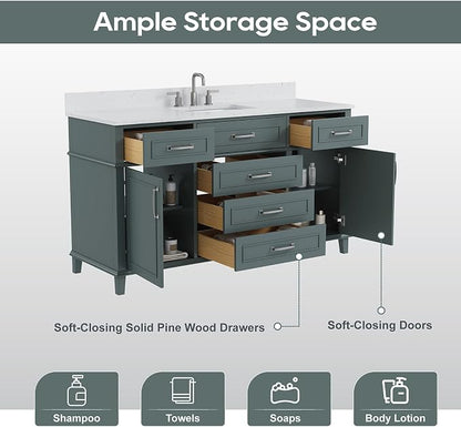 60 Inch Bathroom Vanity with Sink, Fully Assembled, Green | Solid Wood Single Sink Bathroom Vanity, Modern Bathroom Sink Cabinet, Soft Close Doors & Dovetail Drawers, 0.78" Stone Top