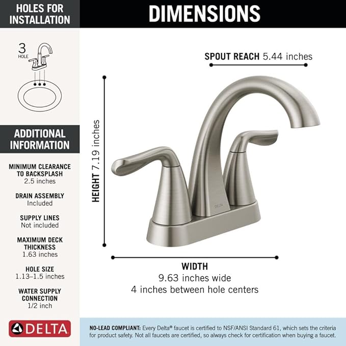 Delta Arvo Centerset Bathroom Faucet, Brushed Nickel 2-Handle Bathroom Faucet, Delta Bathroom Sink Faucet, Brushed Nickel 3-Hole Bathroom Faucet, Spotshield Stainless 25840LF-SS