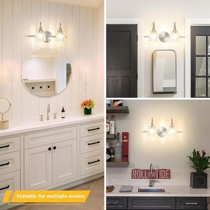 Vintage Vanity Light Fixtures for Bathroom, 2 Light Brushed Nickel Vanity Lighting Over Mirror, Bathroom Light Fixtures with Flower Clear Glass, Farmhouse Sconces Wall Lighting for Hallway