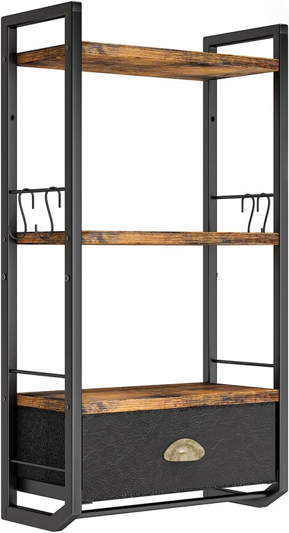 Bathroom Storage Organizer Wall Mounted, 3 Tier Bathroom Towel Rack Shelf with Storage Drawer Double Towel Bars and Hooks, Industrial Bathroom Shelves Over Toilet, Rustic Black and Brown (A)