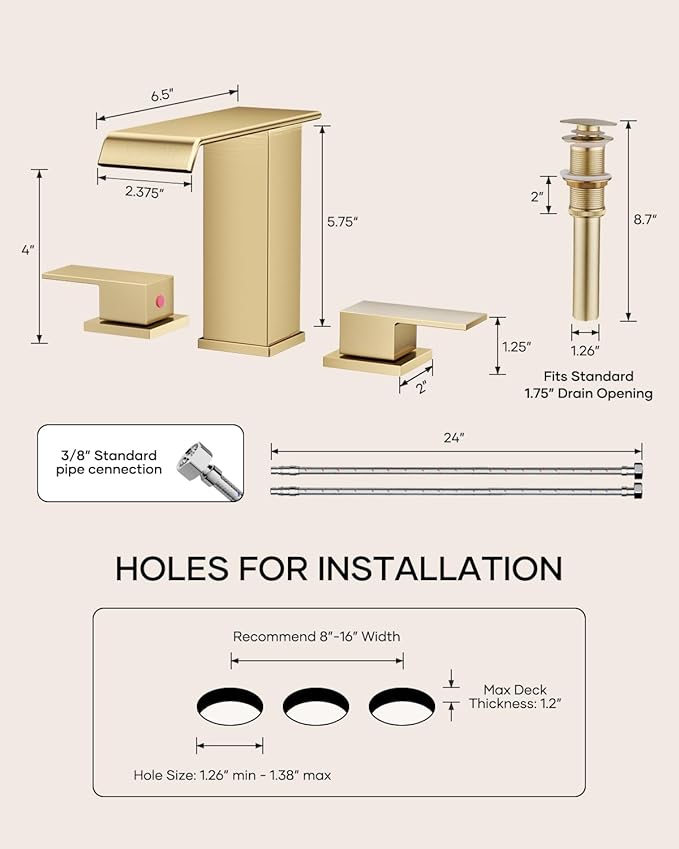 Waterfall Bathroom Faucet 3 Hole, Brushed Gold 8 Inch Widespread Modern 3 Piece Bathroom Sink Faucets & Parts, Touch On Lavatory Faucet for Bathroom Vanity