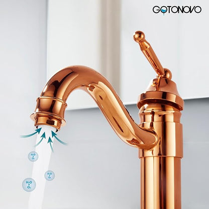 gotonovo Bathroom Vessel Sink Faucet Single Handle Brass Long Reach Bathroom Faucet 1 Hole Deck Mounted Mixer Tap with Pop Up Drain Rose Gold