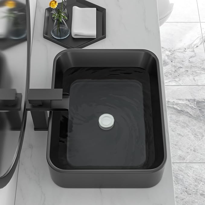 Black Bathroom Sink 19"x15" Vessel Sink Rectangule Bowl Sinks for Bathrooms Ceramic Above Counter Rectangular Vessel Bathroom Sink Porcelain Modern Large Sink Basin Lavatory Vanity Matte Black