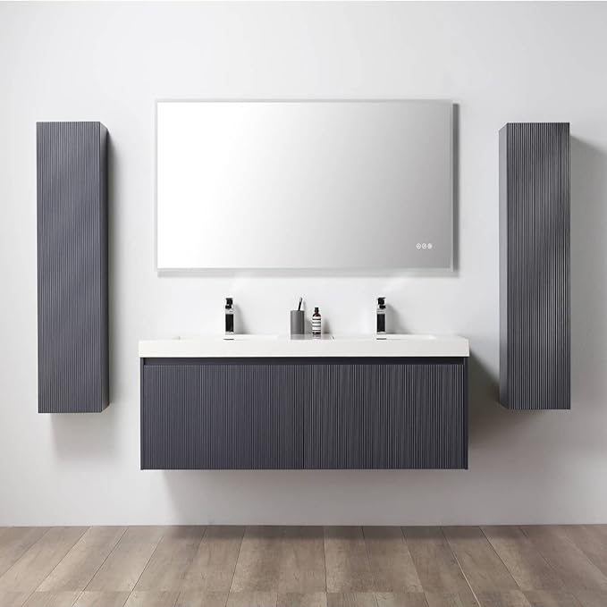 Blossom 60 Inch Double Sink Bathroom Vanity with Side Cabinets, All Wood Wall Mounted Floating Bathroom Vanity Cabinet with Acrylic Sinks, Soft-Close Drawers, Bathroom Vanities, Night Blue