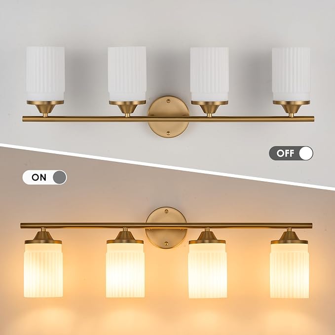 Jonsi Gold Bathroom Light Fixtures 4-Light Vanity Lights Modern Wall Sconce with Milk White Shade Brushed Brass Bathroom Light Fixture Over Mirror for Bedroom Hallway Kitchen