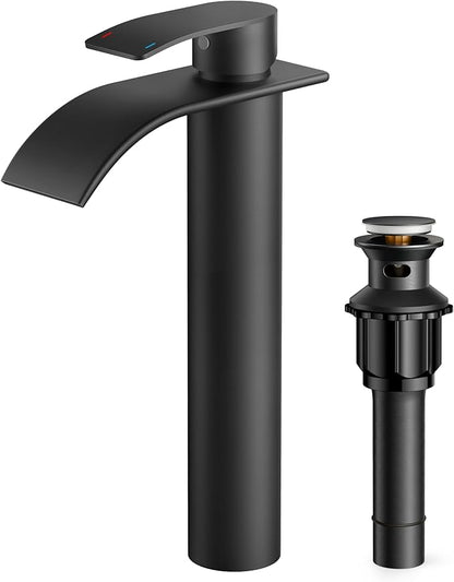 FORIOUS Waterfall Bathroom Vessel Sink Faucets with Metal Pop up Drain and Lead-Free cUPC Hose, Mate Black Single Handle Tall Bathroom Faucet 1 Hole, 11inch for Bath,Vessel