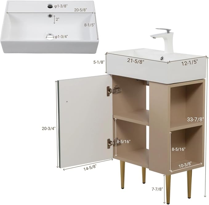 21.6" Freestanding Bathroom Vanity with Ceramic Sink, Green | Ceramic Sink, Wave-Pattern Door & Two-Layer Right Open Compartment, Bathroom Storage Cabinet, Easy Installation