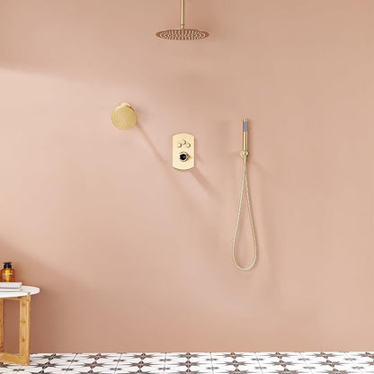 MONDAWE 12 Inch Ceiling Mounted Brushed Gold Shower System, 3-Functions Shower Faucet Set with Rainfall Dual Shower Head and High Pressure Handheld Spray, All Function Can be Used At the Same Time