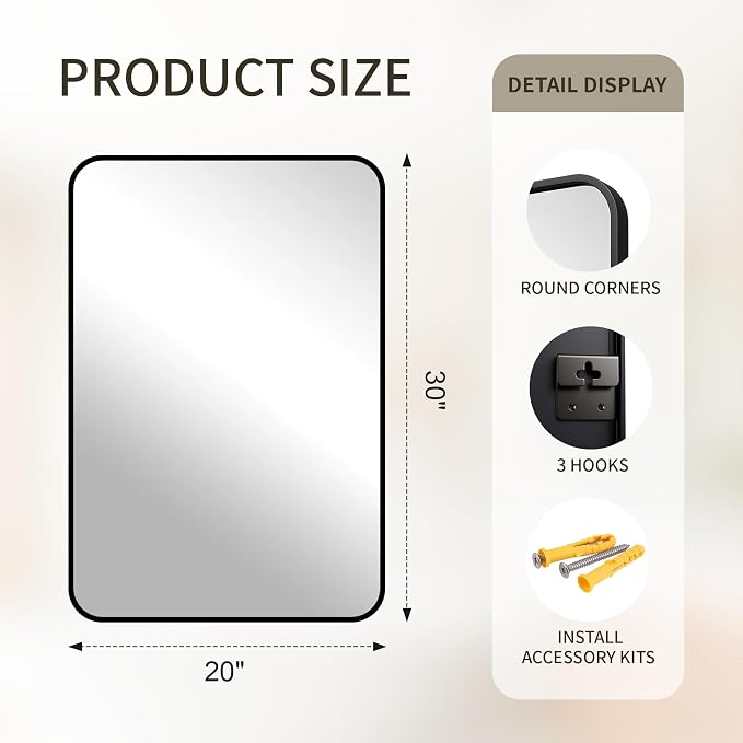 FICTOR Bathroom Mirror for Over Sink, 20"x30" Vanity Mirror for Wall, Black | Shatterproof Tempered Glass, Anti-Rust Frame, Vertical/Horizontal Mounting, Wall Mirror for Bedroom, Living Room, Entryway