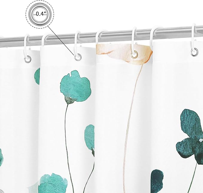 Teal Beige Watercolor Floral Fabric Shower Curtain, 72x78 | Waterproof Fabric, Modern Minimalist Floral Print, Machine Washable, Rustproof Grommets, Fade Resistant, for Bath Home