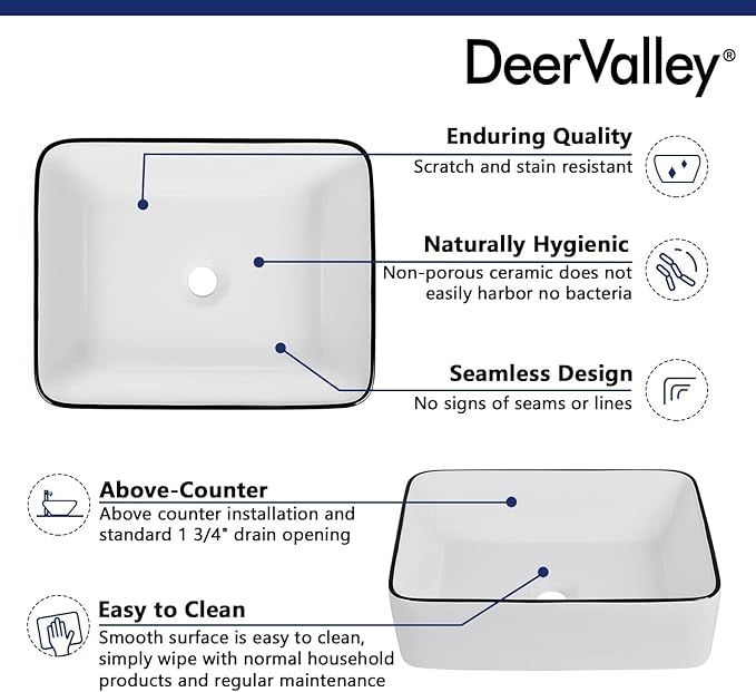 DeerValley 19" x 15" Bathroom Sink, Bathroom Vessel Sink Rectangular Above Counter Vessel Sinks, White Body Black Trim Vessel Sink, Porcelain Ceramic Vessel Vanity Sink Art Basin, DV-1V0002